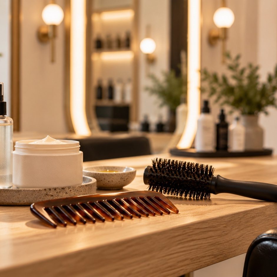A salon station with a wide-tooth comb, round brush, hydrating mist and a jar of hair mask, the everyday tools for caring for dry or damaged hair.